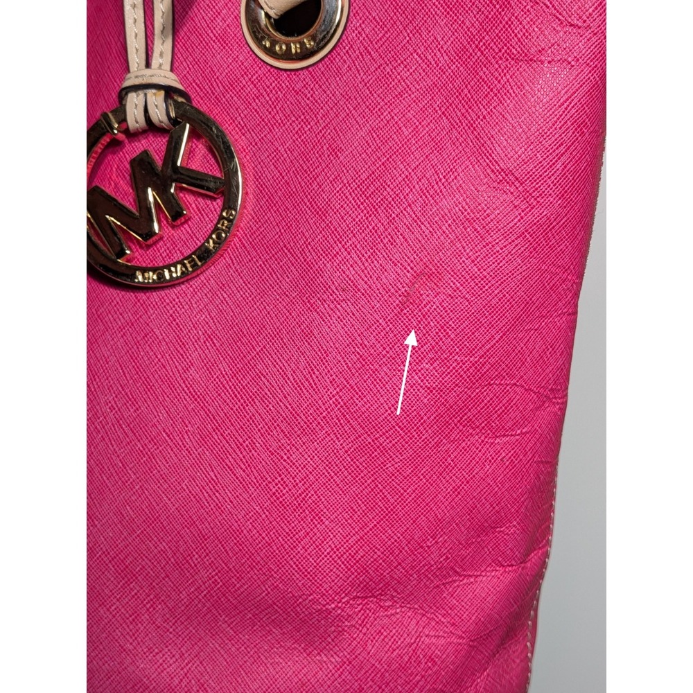 Michael Kors Tote Bag Hot Pink Tan Coated Canvas Leather Handles Jet Set Purse - Picture 14 of 16